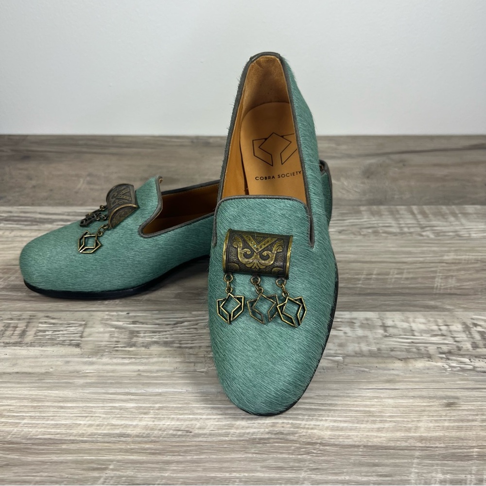 Cobra Society Teal Blue-Green Calf Hair Embellished Loafers - Size 6